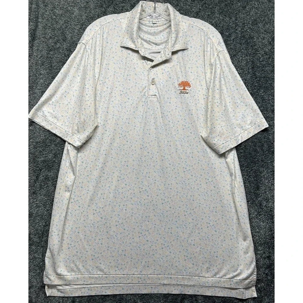 Peter Millar Mens Size L Beige Arnold Palmer Tea Lemonade AOP Golf Polo Shirt